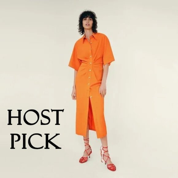 NWT Zara orange draped short sleeve collared midi shirt dress, XS - Picture 1 of 8